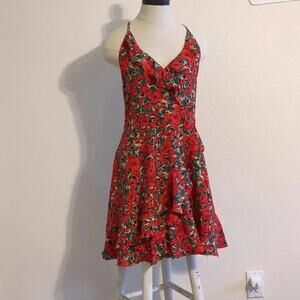 Luc-ce red floral‎ lace-up wrap dress size Medium